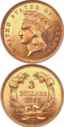 1855-S-Proof-$3-Gold-Piece-In-Heritage-August-Chicago-Event